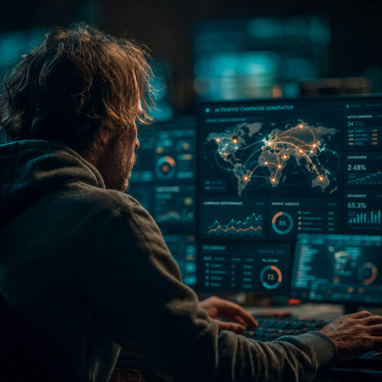 AI traffic campaign manager dashboard with global analytics and campaign performance monitoring.